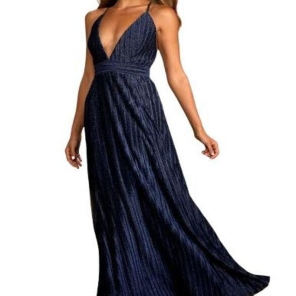 Lulus Magical Looks Navy Sparkly Pleated Maxi Dress